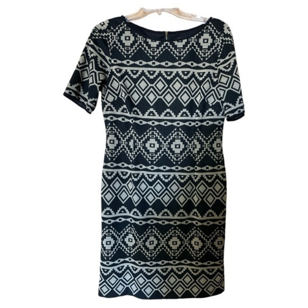 Tahari Arthur Levine Aztec Sheath Dress Knit Short Sleeve Lined Black Tan Size 8